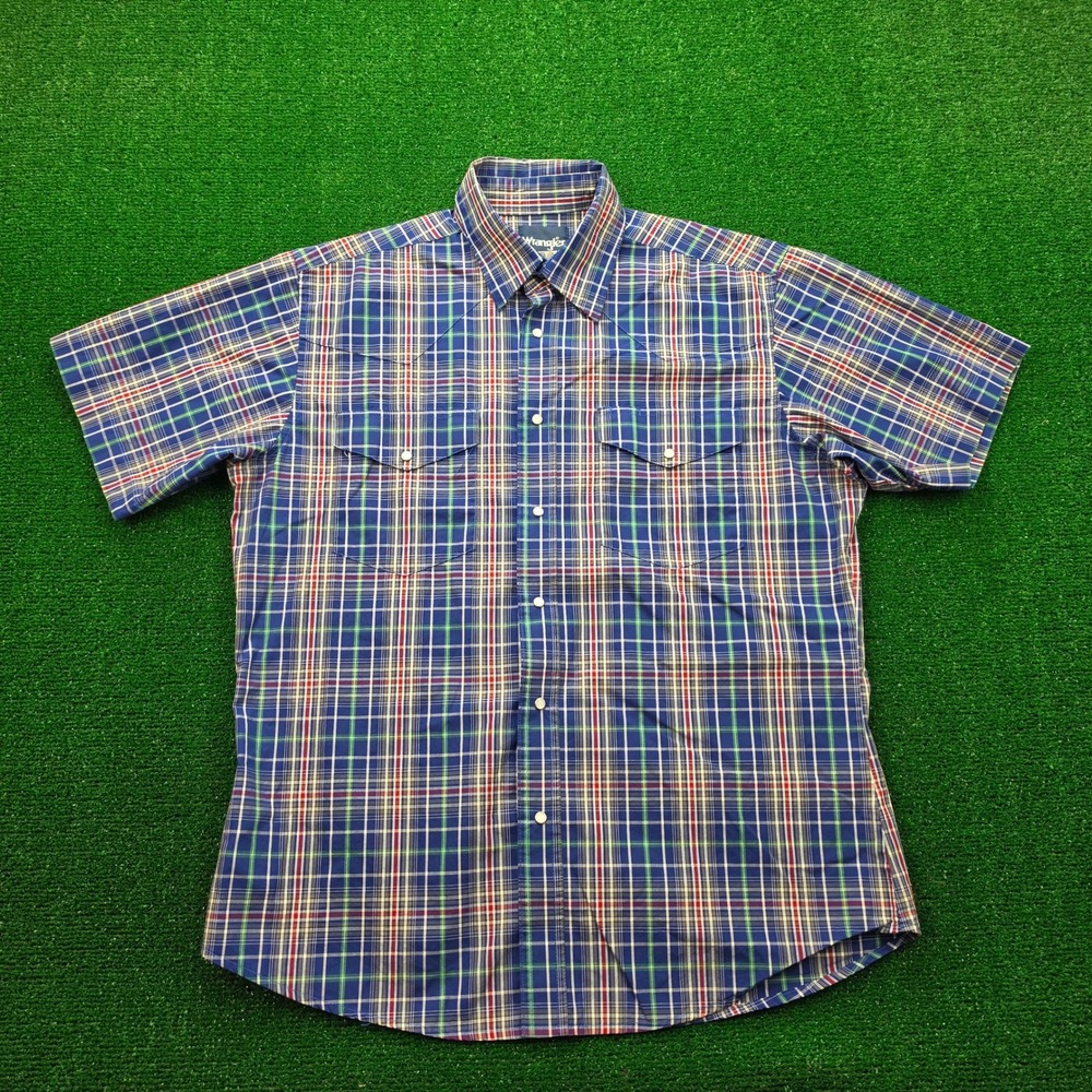 Wrangler Shirt Mens Large Blue Plaid Western Pearl Snap Button Up Cowboy